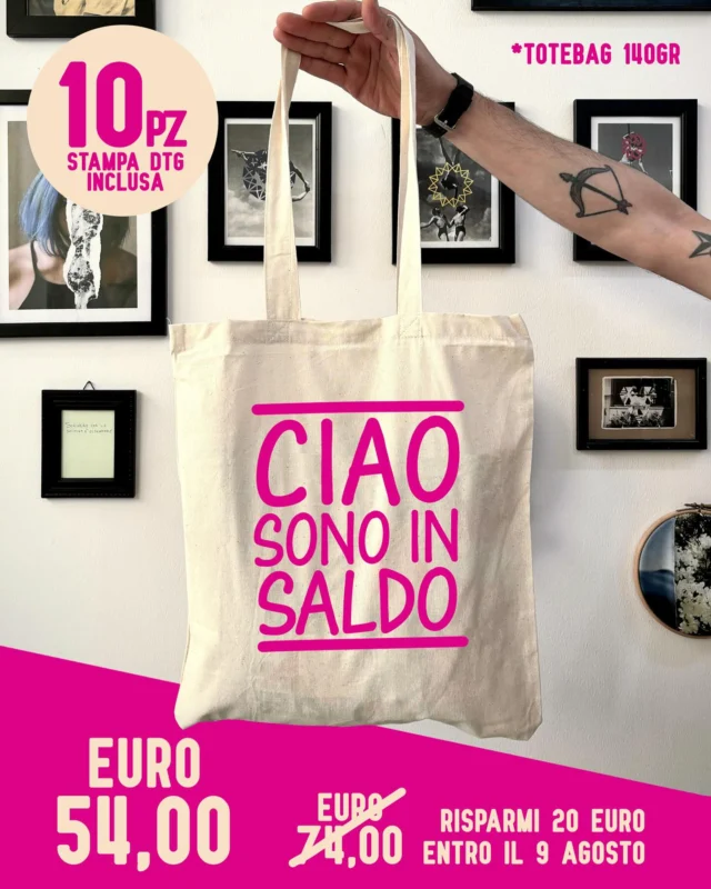 🔥Tote Bag 10 pz stampa in DTG € 54,00🔥

Per le ultime settimane di lavoro, fino a giorno 9 agosto, ecco una promo sulle Tote Bag incluse di stampa.
Risparmi € 20,00 sul listino tradizionale.
Ti aspettiamo in Lab! Vi ricordiamo che la promo dura fino al 9 agosto, fino ad esaurimento merce.

Sempre fino al 9 agosto ci trovate dalle 9:00 alle 13:00.
Pomeriggio chiuso, Sabato chiuso.
✨

#blockdesign #blockdesignlab #dtgprinting #palermo